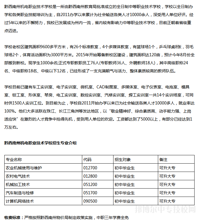 黔西南州機電職業(yè)技術學校招生信息
